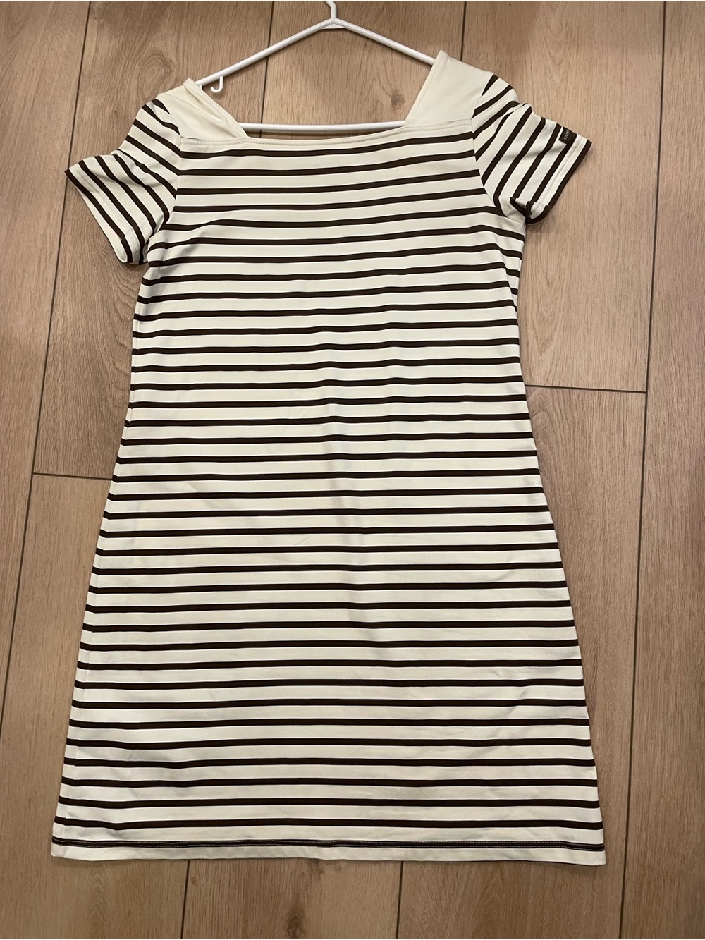 Saint James Cream and Dark Brown Striped Short-Sleeve Dress
